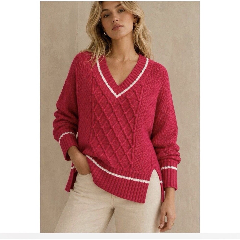 Maeve Anthropologie Pink Cable Knit V-Neck Varsity Sweater XS Preppy Trendy dd